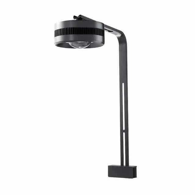 Modern black clamp-on desk lamp with circular head and slim vertical arm on white background